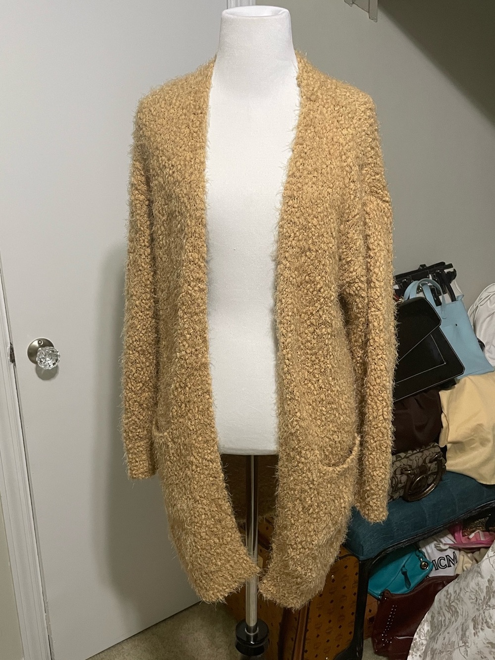 Love Tree Camel Bouclé Open-Front Cardigan